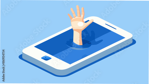 Hand emerging from smartphone screen in water distress signal