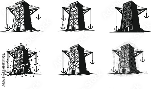 Collection, of, electrical, power, towers, industrial, transmission, pylons, organic, tree, branches, geometric, mandalas, and, technical, insulator, icons, in, various, artistic, styles.