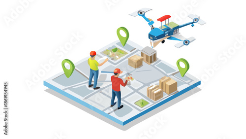 Delivery workers using drone for package transport on map