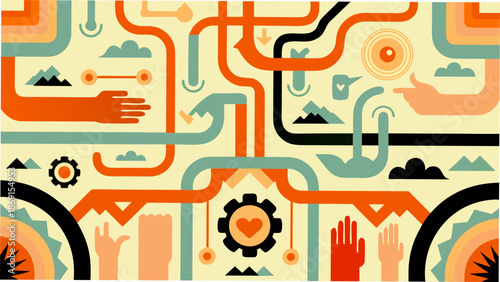 Vibrant abstract illustration of interconnected pathways and hands