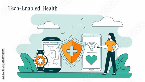 Modern woman engaging with tech-enabled health services on mobile devices