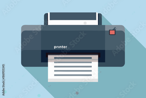 A flat design illustration of a dark blue office printer with paper