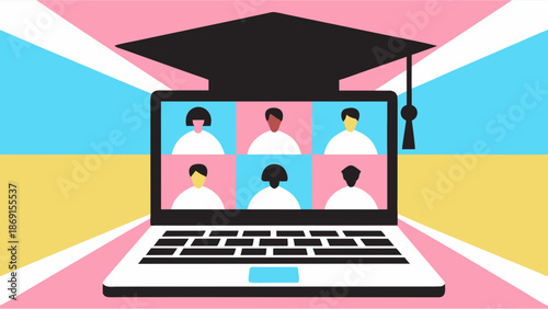 Online Education Concept Vector Illustration with Laptop and Graduation Cap in Modern Flat Clean Design Style