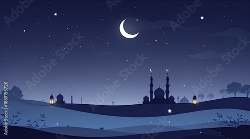 Minimalist Ramadan Night Landscape with Crescent Moon and Mosque Silhouette