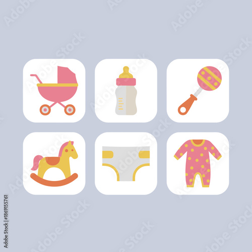 Baby care and nursery essentials icon set including pink stroller, feeding bottle, rattle toy, yellow rocking horse, infant diaper and polka dot baby bodysuit for newborn themes.