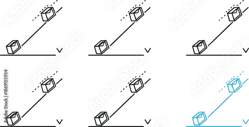 Inclined plane physics icons set illustrating object motion on slope, force direction, gravity effects, mechanical analysis, and basic physics education concepts