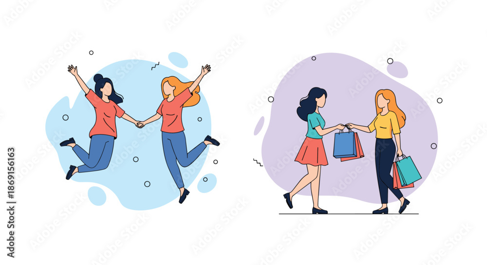 Fototapeta premium Split scene of two female friends jumping for joy and two friends sharing shopping bags after a successful trip.
