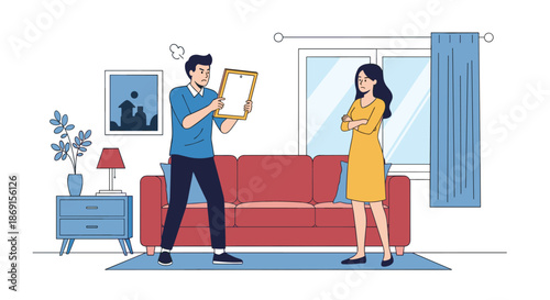 Unhappy couple having a loud argument or disagreement in a living room while man is holding a damaged picture frame.