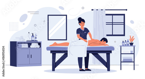 Male therapist performing back massage on a male client lying on a treatment table in a modern wellness center.