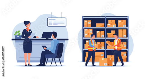 Split scene showing a receptionist assisting a customer in an office and warehouse workers organizing boxes on shelves.