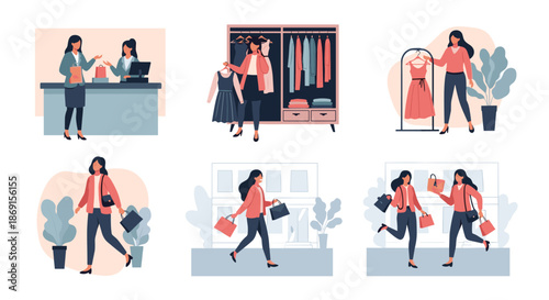 Various scenes of a woman shopping for new clothes, including browsing racks, checking out, and carrying shopping bags.