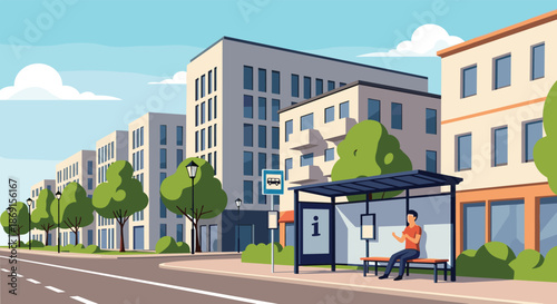 Urban scene featuring a man sitting on a bench at a modern bus stop waiting for public transportation in a busy city.