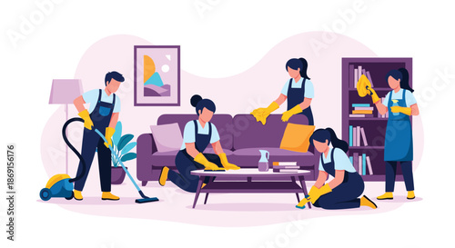 Professional cleaning crew in blue uniforms sanitizing and vacuuming a modern living room to ensure a clean environment.