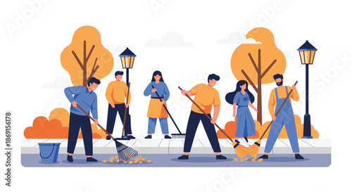 Group of volunteers or workers sweeping fallen leaves from a sidewalk in a public park during the autumn season.