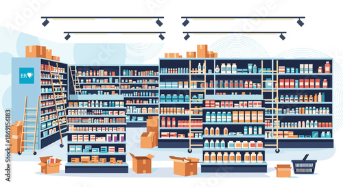 Spacious interior of a modern pharmacy with shelves stocked with various medications, health products, and supplements.