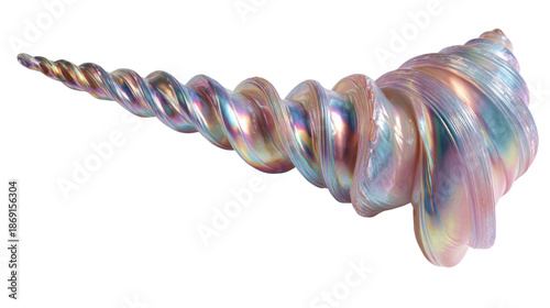 Iridescent unicorn horn with spiral shape and pearlescent gradient on transparent background