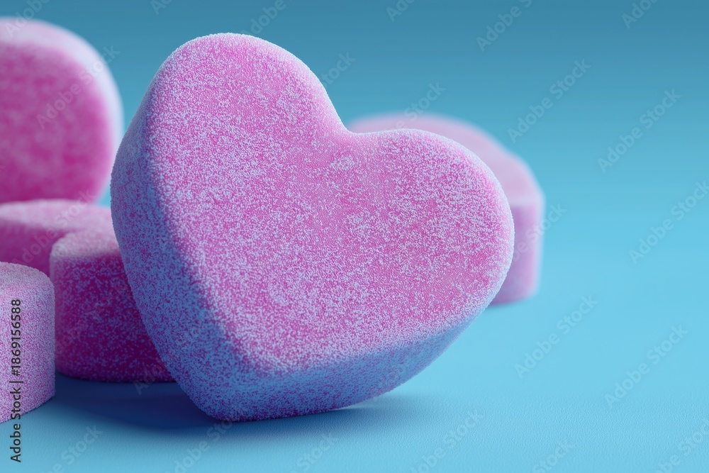 Fototapeta premium Heart-shaped candies in pink color on blue background for decoration and sharing during celebrations and events