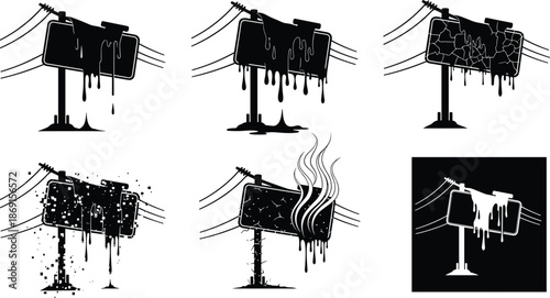 "Damaged urban signboard, melting decay, cracked signage, corroded infrastructure, electrical pole art, surreal destruction, conceptual vector illustration, black background"