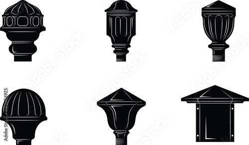 Decorative fence post caps silhouettes, outdoor architectural finials, black vector icons, garden railing elements, isolated minimalist design, set, collection, illustration
