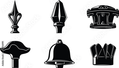 Decorative metal fence finials and architectural post caps, black silhouette vector illustration set showcasing classic ornamental design elements collection