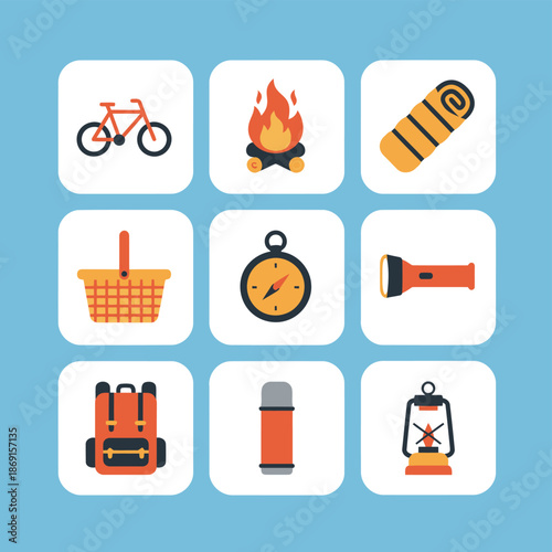 Camping and outdoor adventure flat icon set featuring bicycle campfire sleeping bag picnic basket compass flashlight backpack thermos and lantern for hiking and tourism
