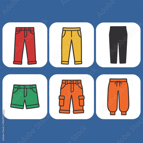 Men and unisex pants and trousers clothing icon set featuring jeans chinos shorts cargo pants and sweatpants in various colors for fashion retail and apparel design
