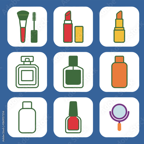 Beauty and makeup cosmetics flat icon set featuring mascara brush lipstick perfume bottle lotion containers nail polish and hand mirror in green and orange