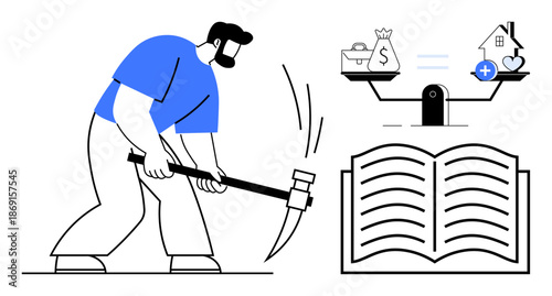 Knowledge mining concept. Knowledge as a resource being mined for balancing finance and wellness. Knowledge generation connections between productivity, finance, and health. For education, business