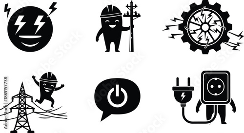 Electric icon set, energy concept, utility worker, power symbol, transmission tower, plug character, safety gear, vector illustration, infrastructure, electricity