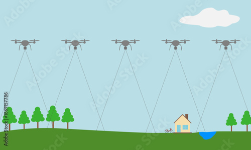 Drone mapping with side lapping flight paths for GIS surveying, aerial mapping, and land survey technology. Vector Illustration.