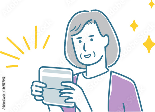 通帳を見て喜んでいる高齢女性