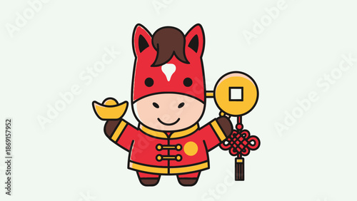 Cute cartoon horse in traditional Chinese outfit holding gold ingot and coin