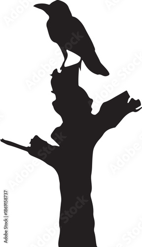 Print Black silhouette of a crow perched on a dead tree stump 