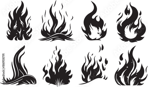 Print Set of black fire flame silhouettes and icons