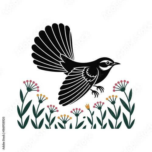 Flying Bird Silhouette Illustration Black Vector Art Over Flowers, Depicting Freedom and Natural Beauty in a Detailed Botanical Design