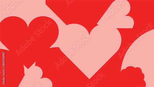 Abstract arrangement of overlapping pink and red heart shapes against a red background