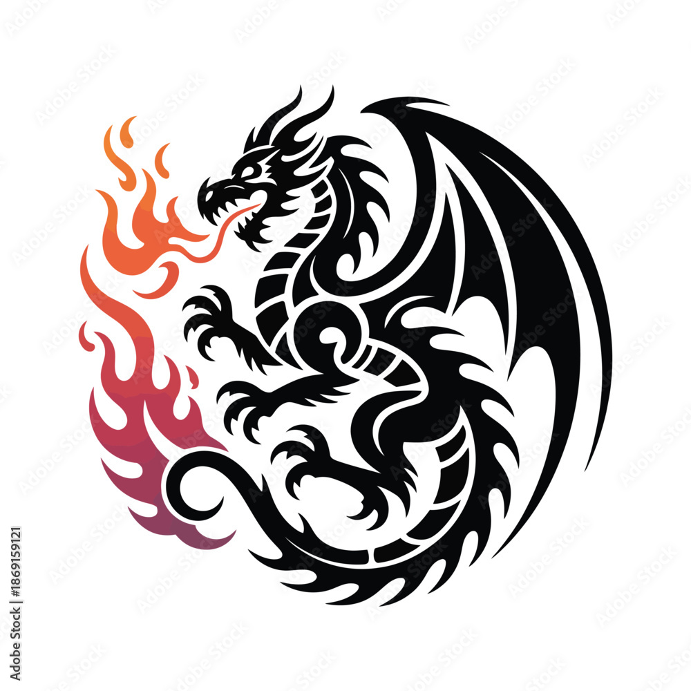 Obraz premium Fierce Dragon Silhouette Illustration Black Vector Design with Flames: A Powerful and Mythical Creature in Detailed Vector Art for Graphic Projects