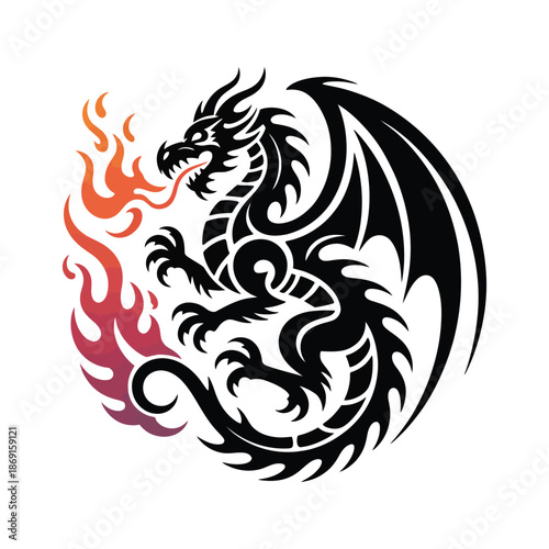 Fierce Dragon Silhouette Illustration Black Vector Design with Flames: A Powerful and Mythical Creature in Detailed Vector Art for Graphic Projects