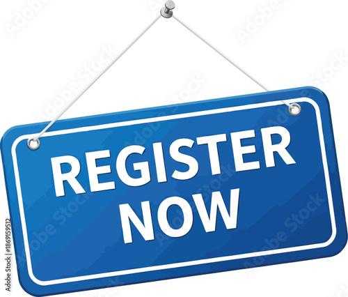 Register now blue hanging sign icon for event membership online registration button