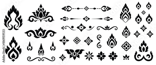 Thai decoration elements design collection featuring traditional patterns, lotus ornaments, floral symbols, elegant borders, corner motifs, and cultural decorative assets