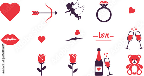 A collection of valentine s day themed icons and romantic symbols in red and white