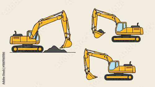 Yellow Excavator Machines in Different Poses - Construction Equipment.