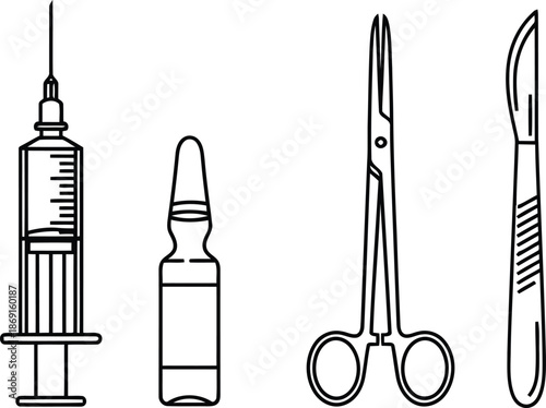 Medical surgical instruments line icons: syringe, ampoule, forceps, scalpel vector set