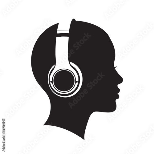 Creative silhouette of a person's head wearing headphones, symbolizing music, audio entertainment, podcasting, and digital listening experiences.