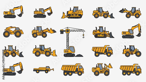 Construction Vehicles Set Excavator Bulldozer Crane Truck Loader Icons.