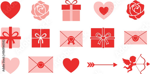 Valentine s day elements hearts roses gifts and romantic symbols collection