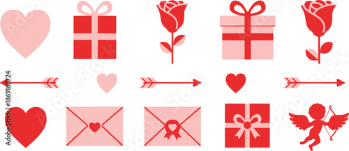 Collection of valentine s day icons featuring hearts roses and cupid s arrows