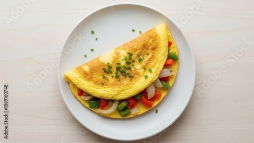Photorealistic Overhead Food Shot of Classic Vegetable Omelet with Fluffy Eggs, Onions and Peppers on Ceramic Plate