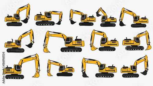 Yellow Excavator Machine Set Construction Equipment Poses.