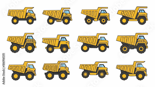 yellow dump trucks collection set on white.